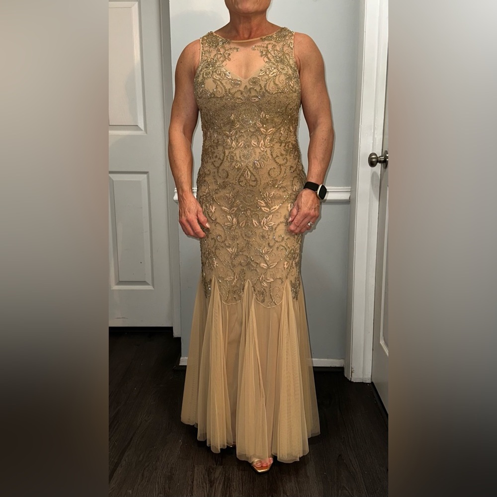 Long gold, aurora borealis beaded dress for special occasions. Worn once.